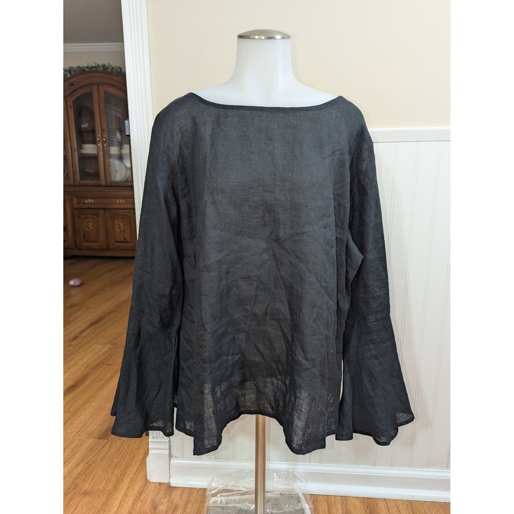 Reistor Hemp Blouse Black Bell Sleeve Button Back Top 2XL